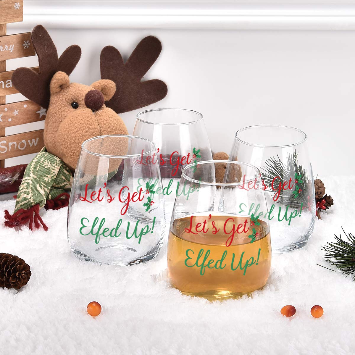 Modwnfy Funny Christmas Wine Glass Set, Let's Get Elfed Up Xmas Stemless Wine Glass for Women Friends Family Coworker, Good Wine Glasses for Christmas Wedding Birthday Party, Set of 4 (15 Oz)