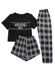 verdusa women's 3 piece plaid print pajama sets tee top and shorts pants pj set black s