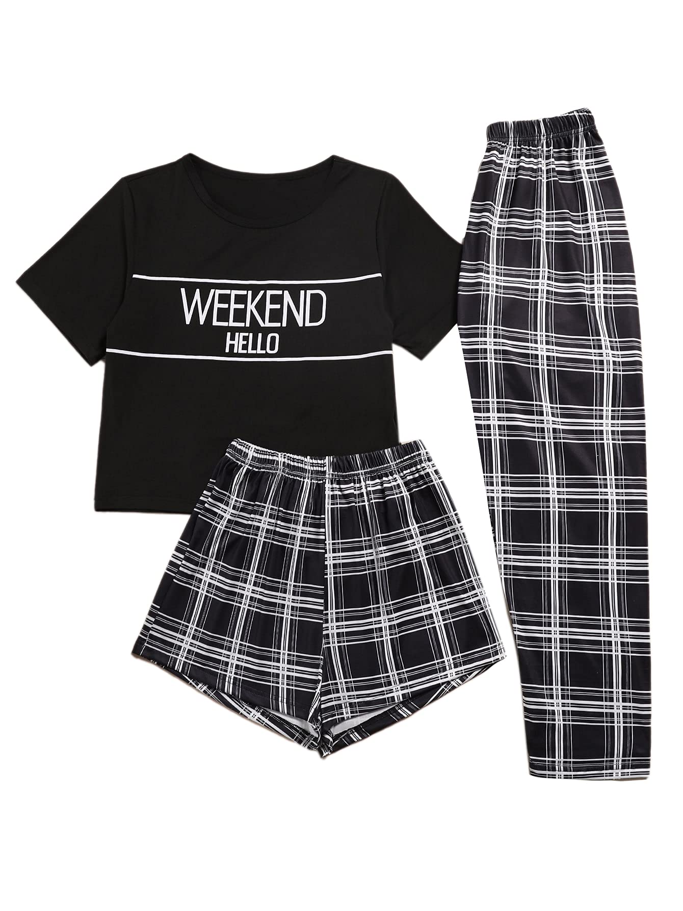 Verdusa Women's 3 Piece Plaid Print Pajama Sets Tee Top and Shorts Pants Pj Set Black S