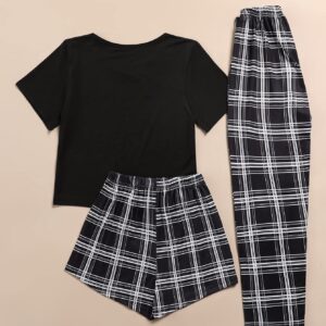 Verdusa Women's 3 Piece Plaid Print Pajama Sets Tee Top and Shorts Pants Pj Set Black S