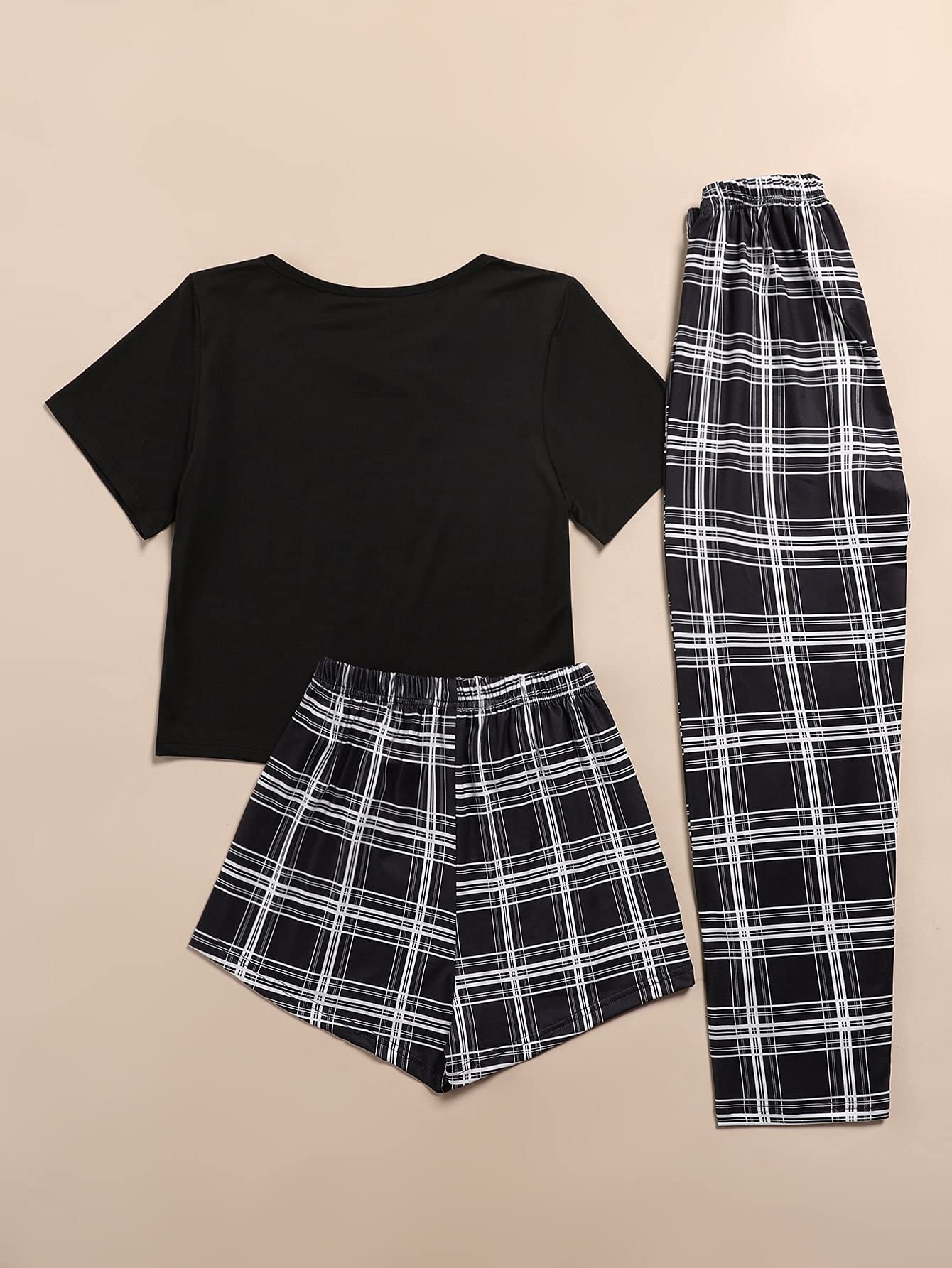 Verdusa Women's 3 Piece Plaid Print Pajama Sets Tee Top and Shorts Pants Pj Set Black S