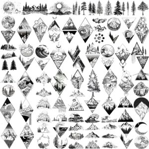 goromon 52 sheets small black mountain temporary tattoos for men women adult, geometric sea weave forest pine tree realistic tattoo sticker for kids children, moon sun star triangle tatoos outer space