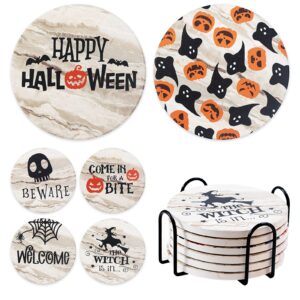6pcs halloween cup drinks coasters with holder,round absorbent ceramic coaster set,funny drink coasters with cork base for tabletop protection,ideal gift for halloween,housewarming,birthday