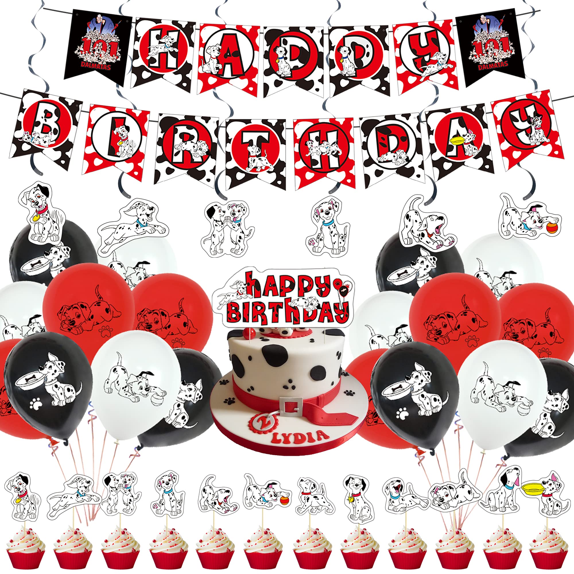 38 Pcs 101 Dalmatians Dogs Theme Birthday Party Decorations,Party Supply Set for Kids with 1 Happy Birthday Banner Garland , 13 Cupcake Toppers,6 Spiral ,18 Balloons for Party Decoration