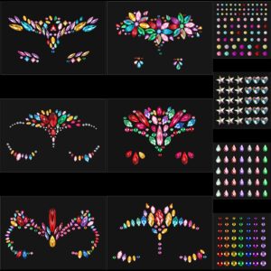 10 sheets face gems face rhinestones mermaid jewels rave eyes face body temporary tattoos stickers glitter crystal tears gem stones stickers for festival party (rainbow style)