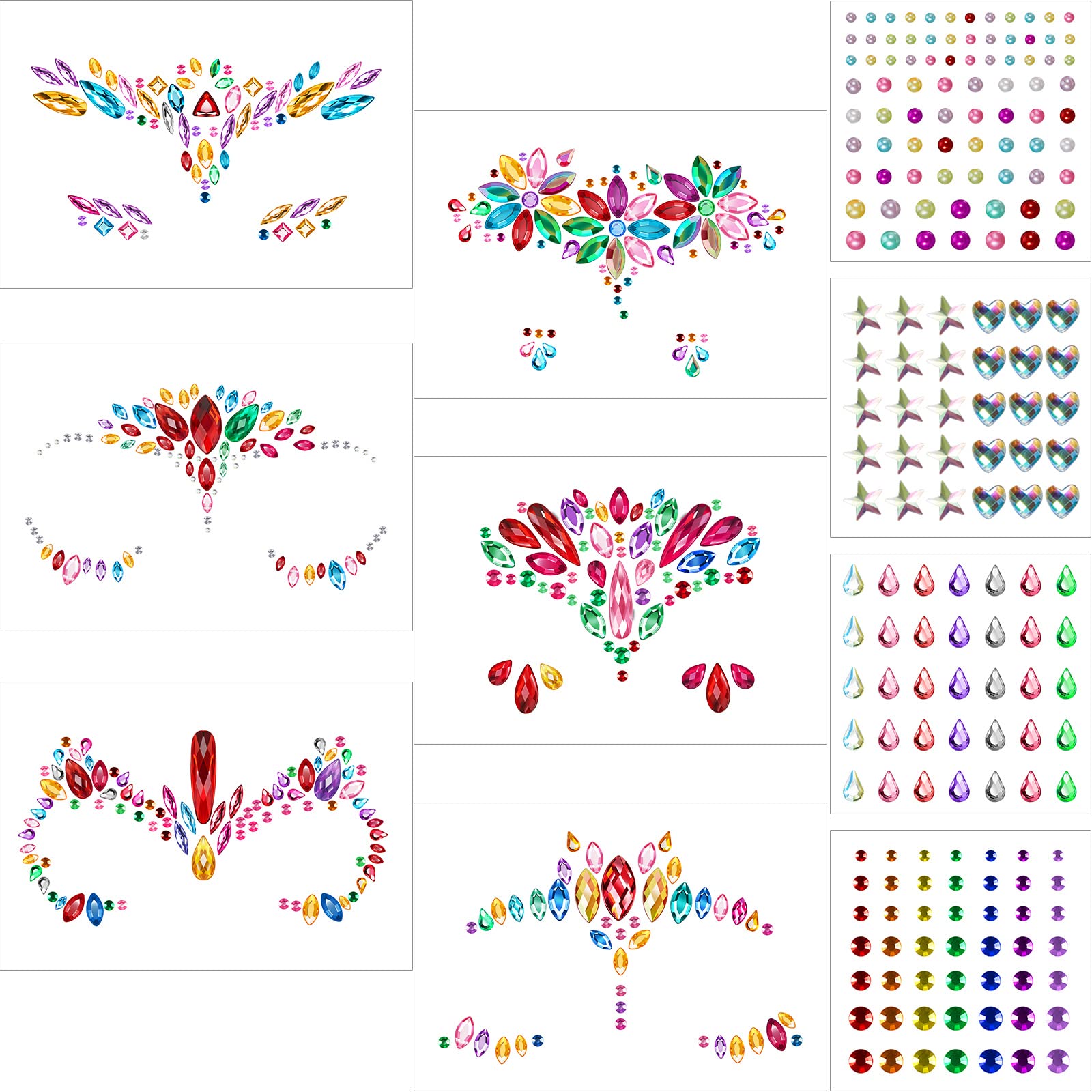 10 Sheets Face Gems Face Rhinestones Mermaid Jewels Rave Eyes Face Body Temporary Tattoos Stickers Glitter Crystal Tears Gem Stones Stickers for Festival Party (Rainbow Style)