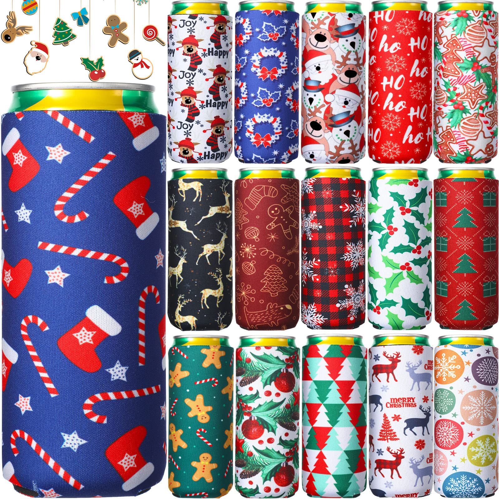 16 Pieces Christmas Beer Can Sleeves Cooling Insulated Beer Cup Sleeves Santa Claus Elk Snowman Stocking Can Cooler Sleeves Reusable Drink Sleeves Christmas Slim Can Cover for Christmas Tools Supplies