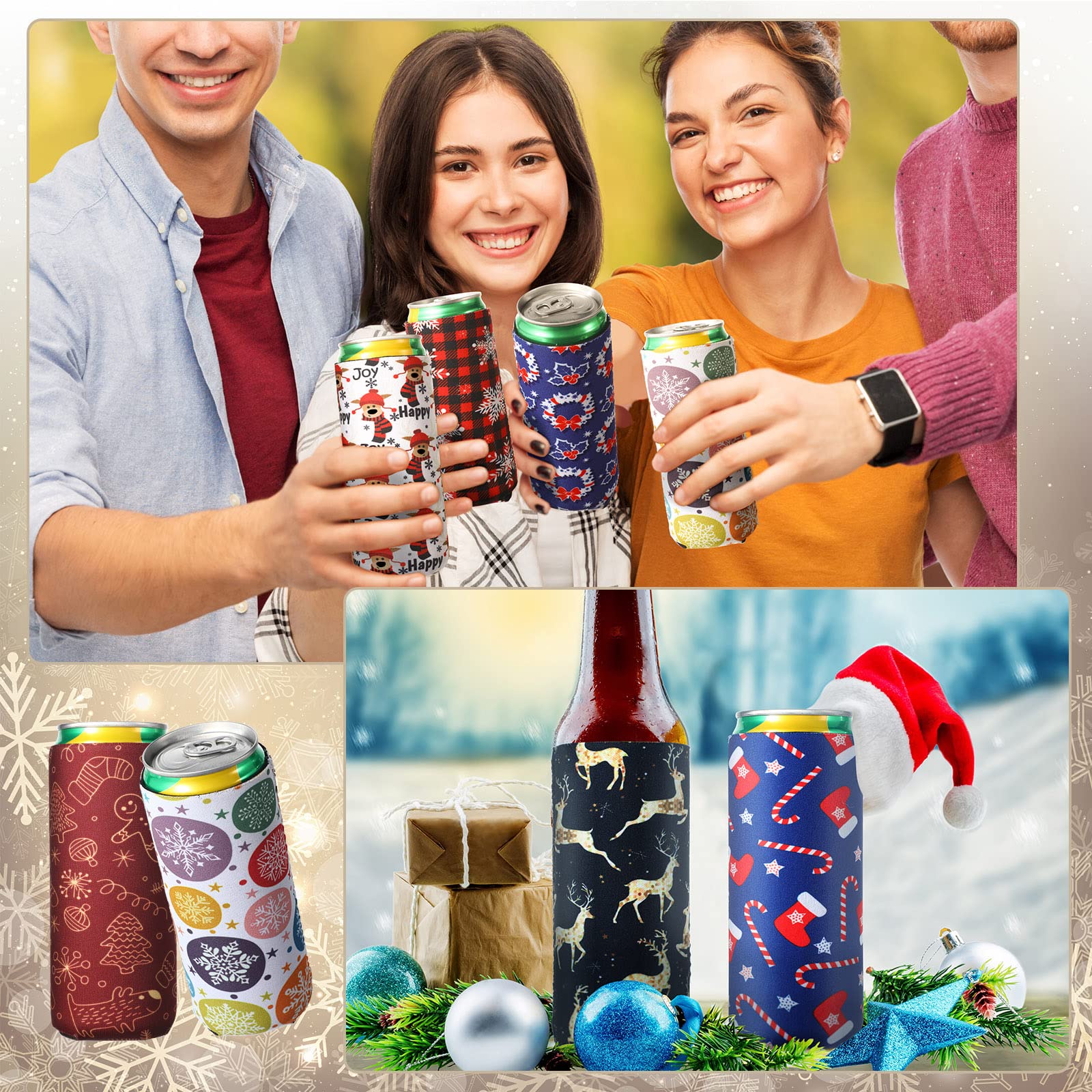 16 Pieces Christmas Beer Can Sleeves Cooling Insulated Beer Cup Sleeves Santa Claus Elk Snowman Stocking Can Cooler Sleeves Reusable Drink Sleeves Christmas Slim Can Cover for Christmas Tools Supplies