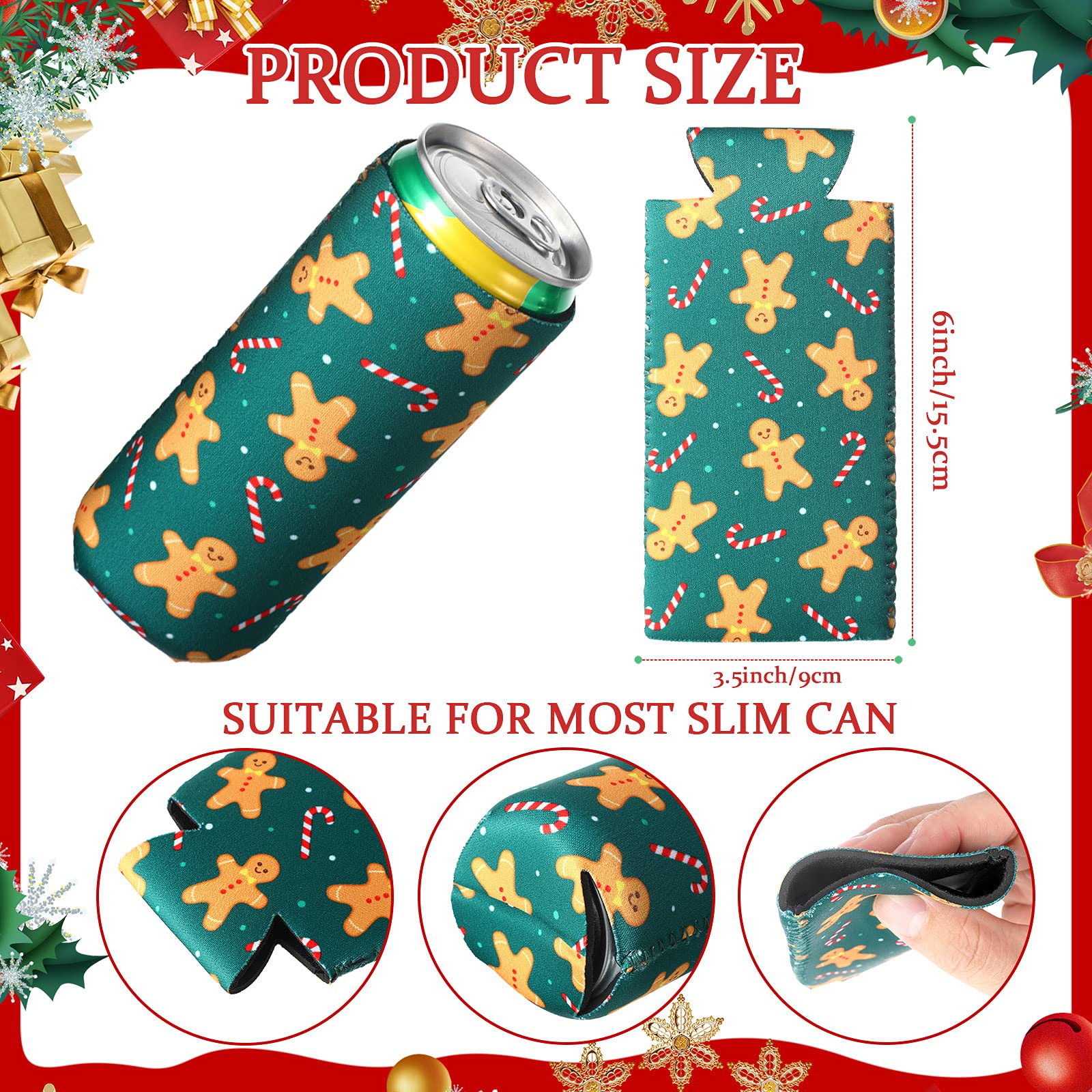 16 Pieces Christmas Beer Can Sleeves Cooling Insulated Beer Cup Sleeves Santa Claus Elk Snowman Stocking Can Cooler Sleeves Reusable Drink Sleeves Christmas Slim Can Cover for Christmas Tools Supplies