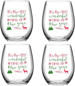 futtumy it's the most wonderful time of the year stemless wine glass 15oz, unique christmas wine glass for men women mom dad wife husband friend on christmas birthday wedding, set of 4
