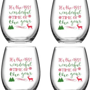 Futtumy It's the Most Wonderful Time of the Year Stemless Wine Glass 15oz, Unique Christmas Wine Glass for Men Women Mom Dad Wife Husband Friend on Christmas Birthday Wedding, Set of 4