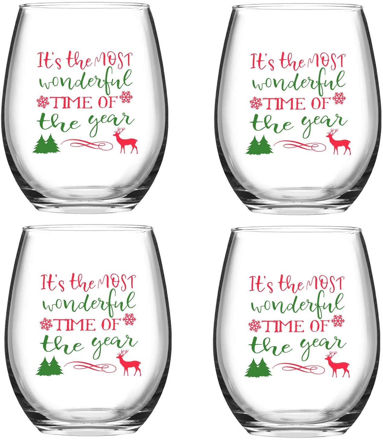 Futtumy It's the Most Wonderful Time of the Year Stemless Wine Glass 15oz, Unique Christmas Wine Glass for Men Women Mom Dad Wife Husband Friend on Christmas Birthday Wedding, Set of 4