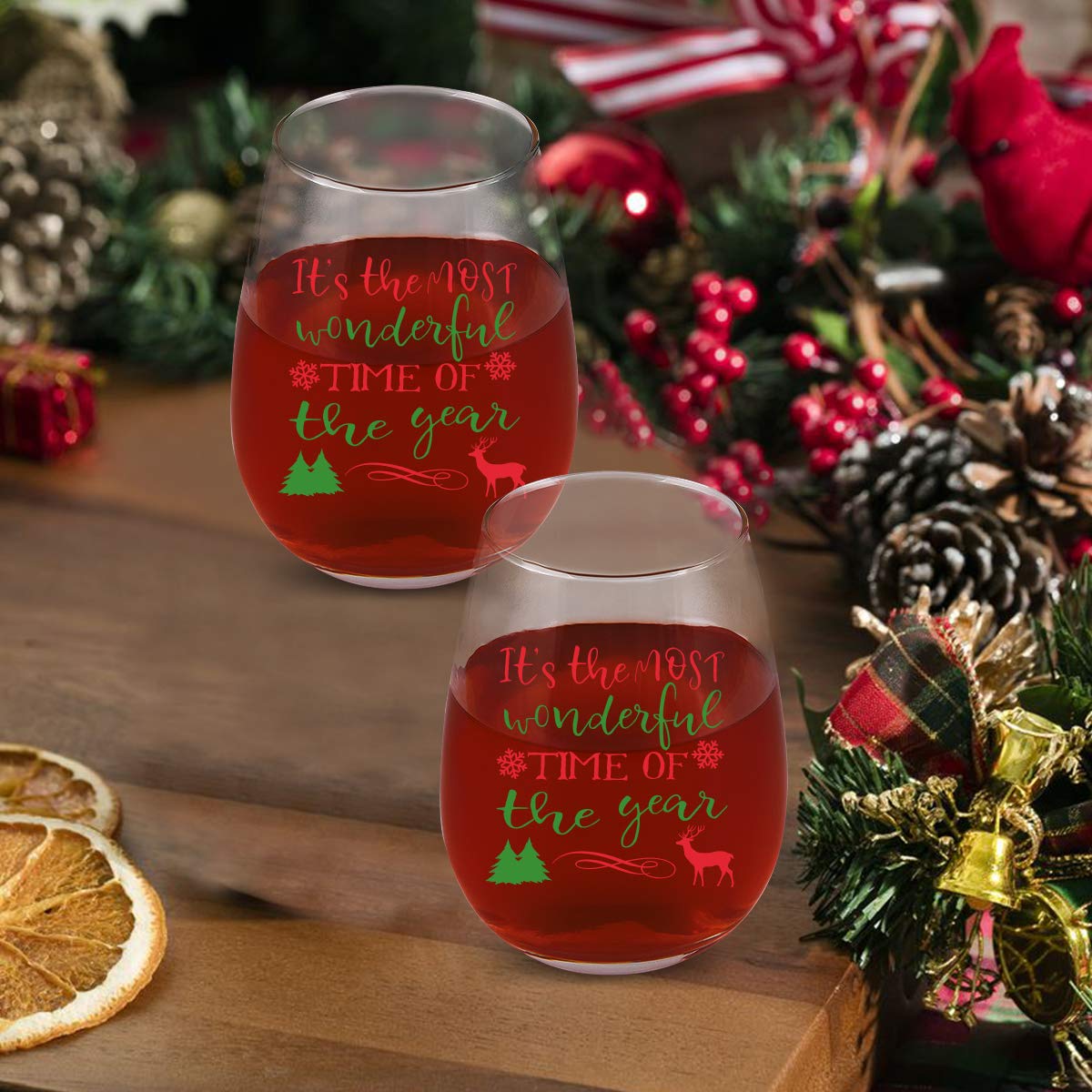 Futtumy It's the Most Wonderful Time of the Year Stemless Wine Glass 15oz, Unique Christmas Wine Glass for Men Women Mom Dad Wife Husband Friend on Christmas Birthday Wedding, Set of 4