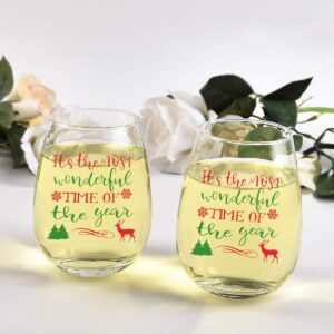 Futtumy It's the Most Wonderful Time of the Year Stemless Wine Glass 15oz, Unique Christmas Wine Glass for Men Women Mom Dad Wife Husband Friend on Christmas Birthday Wedding, Set of 4