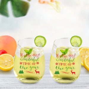 Futtumy It's the Most Wonderful Time of the Year Stemless Wine Glass 15oz, Unique Christmas Wine Glass for Men Women Mom Dad Wife Husband Friend on Christmas Birthday Wedding, Set of 4