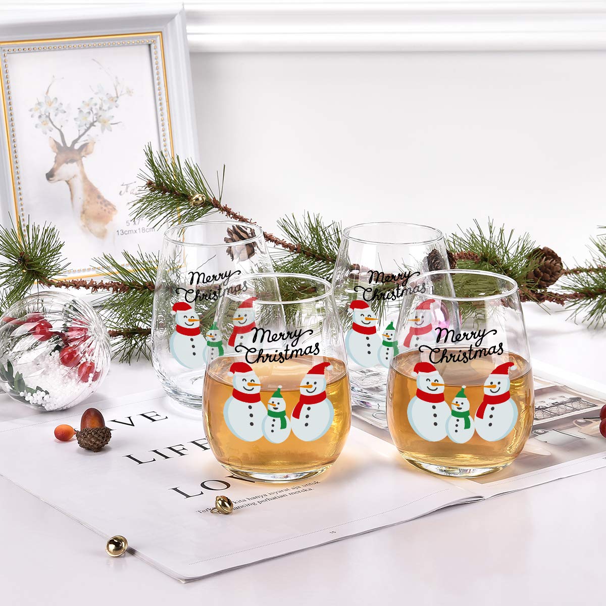 Futtumy Christmas Gift, Merry Christmas Snowmen Stemless Wine Glass for Men Women Dad Mom Friend Family, Funny 15oz Snowman Wine Glass for Christmas, Set of 4
