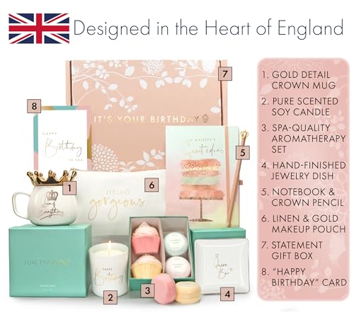 Luxe England Gifts Happy Birthday Box for Women – Luxury Gift Baskets for Her Birthday Designed in Britain – High-end Unique Birthday Gifts for Women Best Friend, Sister, Daughter, Mom