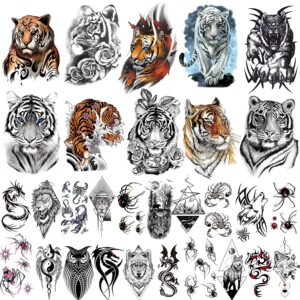 30 sheets large colorful tiger temporary tattoos for men women realistic tiger temporary tattoo stickers for adults 3d fake wolves spider scorpion animals tatoos
