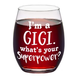 grandma gift - i'm a gigi what's your superpower stemless wine glass 15oz, grandma wine glass for grandma, grandmother, gigi - gift idea for mother's day, christmas, birthday