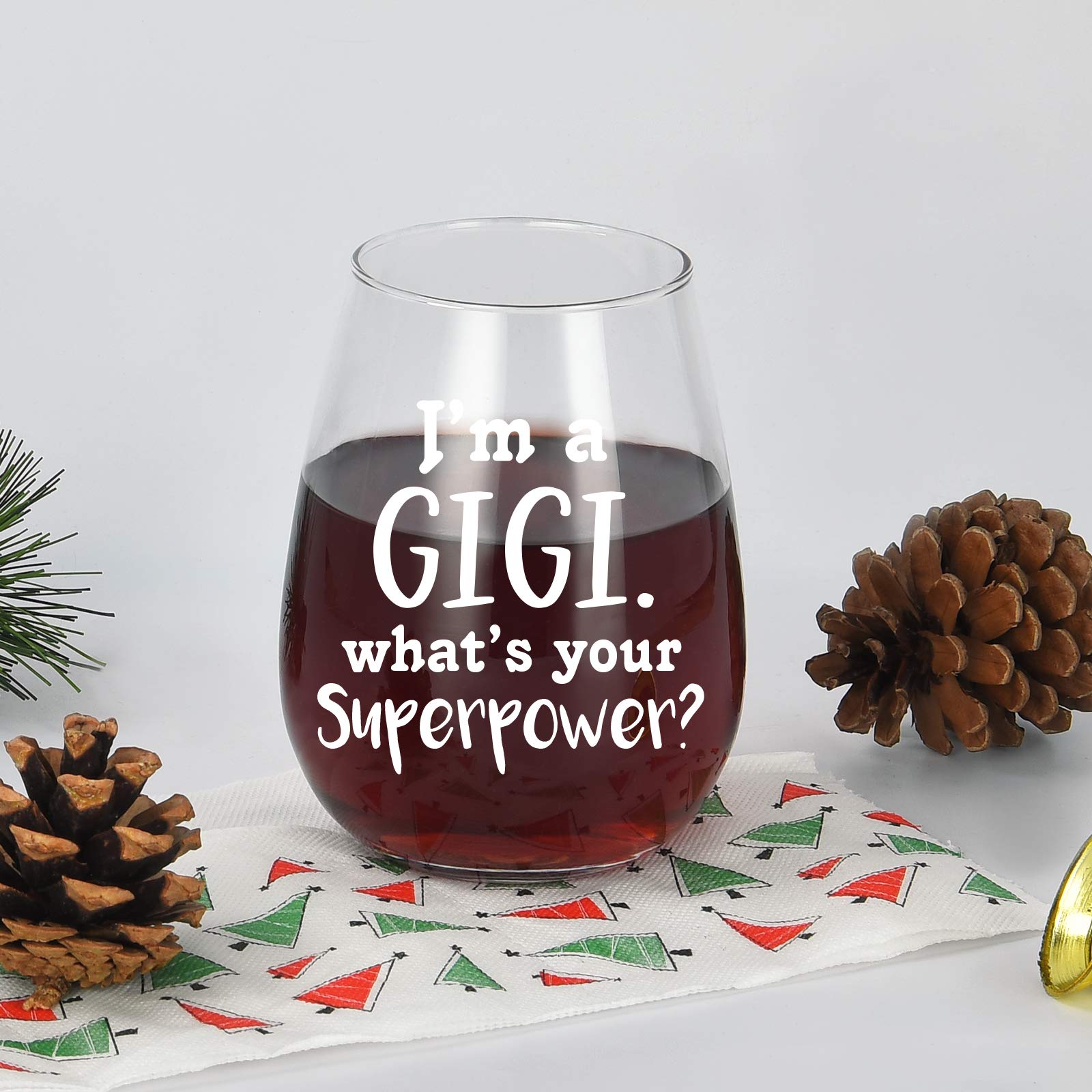 Grandma Gift - I'm A Gigi What's Your Superpower Stemless Wine Glass 15Oz, Grandma Wine Glass for Grandma, Grandmother, Gigi - Gift Idea for Mother's Day, Christmas, Birthday