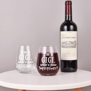 Grandma Gift - I'm A Gigi What's Your Superpower Stemless Wine Glass 15Oz, Grandma Wine Glass for Grandma, Grandmother, Gigi - Gift Idea for Mother's Day, Christmas, Birthday