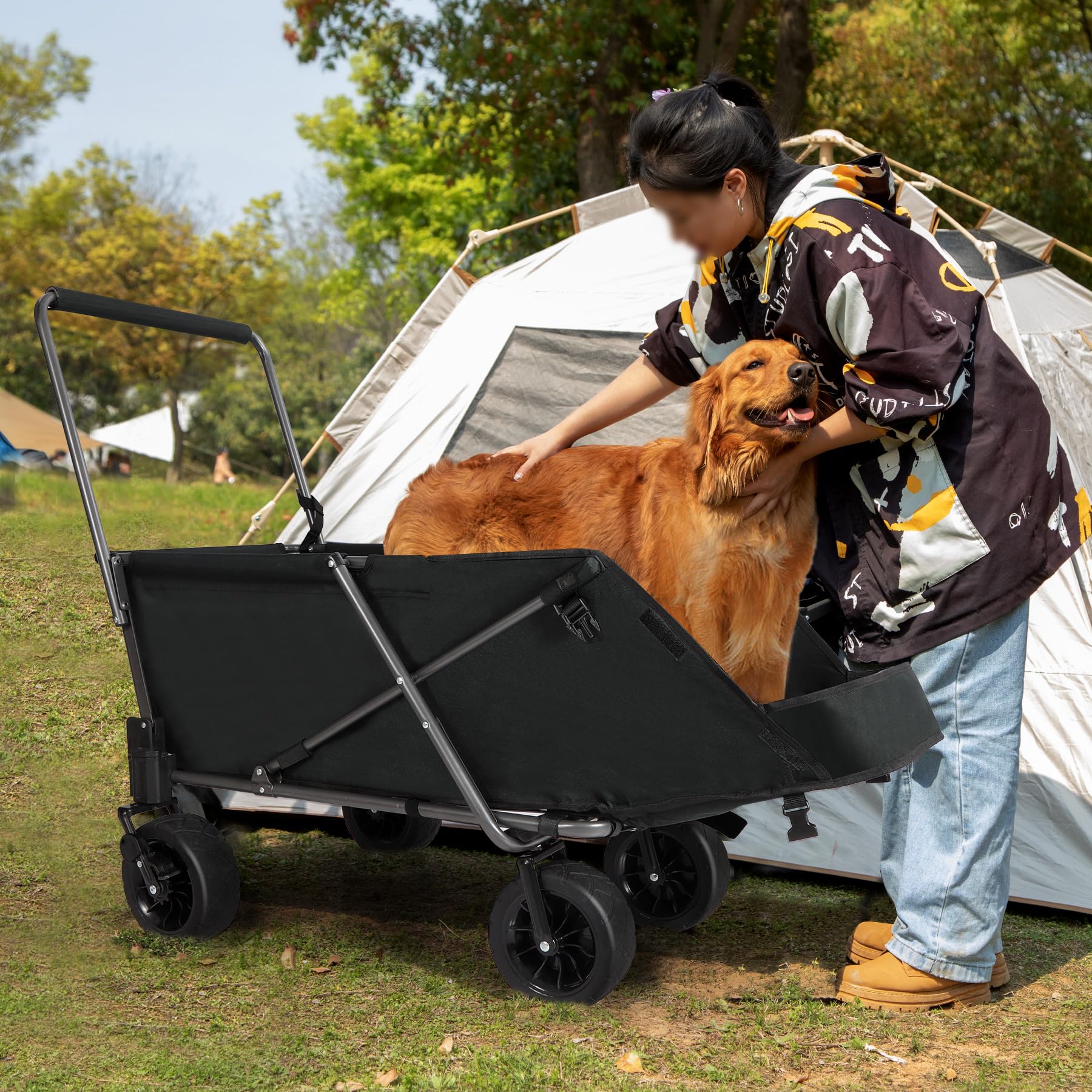 REDCAMP Folding Dog Wagon Cart with Extendable Rear End Heavy Duty, 220L Large Collapsible Utility Pet Wagon Garden Cart with Brakes for Sand Camping Sports Shopping
