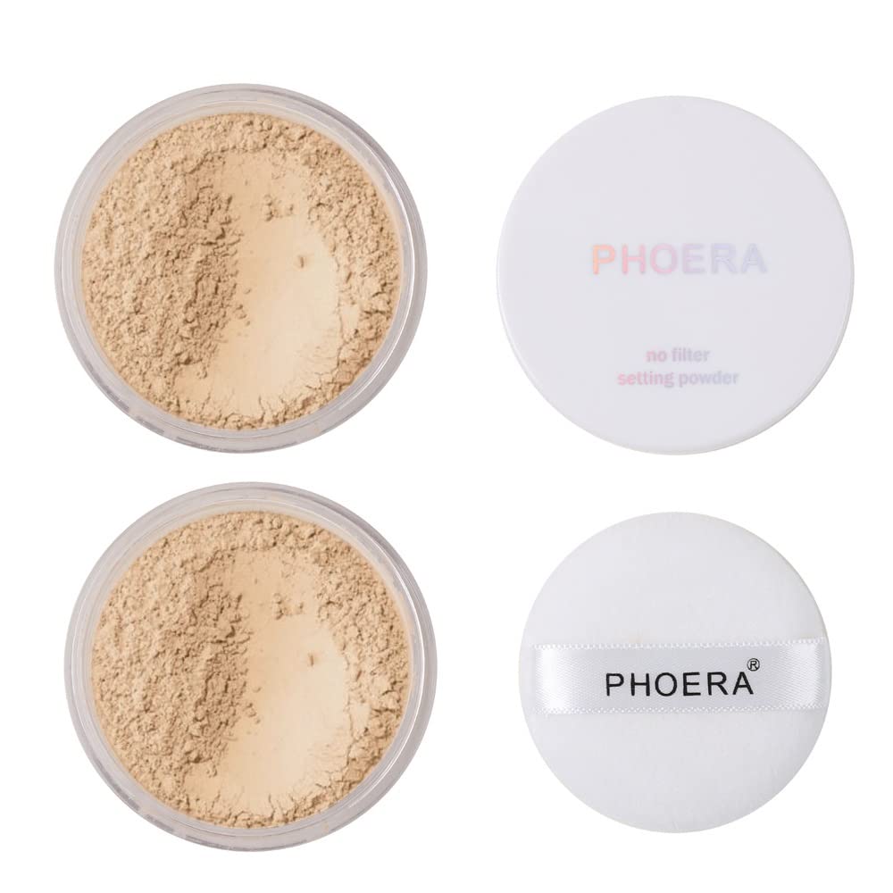 2 Pack PHOERA Setting Powder,Control Oil Brighten Skin Color Cover Blemish Whitening Face Setting Loose Powder,Helps Makeup Last Longer(102 Cool Beige)