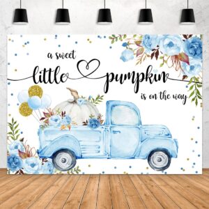 Aperturee Little Pumpkin Baby Shower Backdrop 7x5ft A Little Sweet Pumpkin is On The Way Blue Floral Truck Balloons It's a Boy Photography Background Fall Autumn Party Decorations Banner Photo Booth