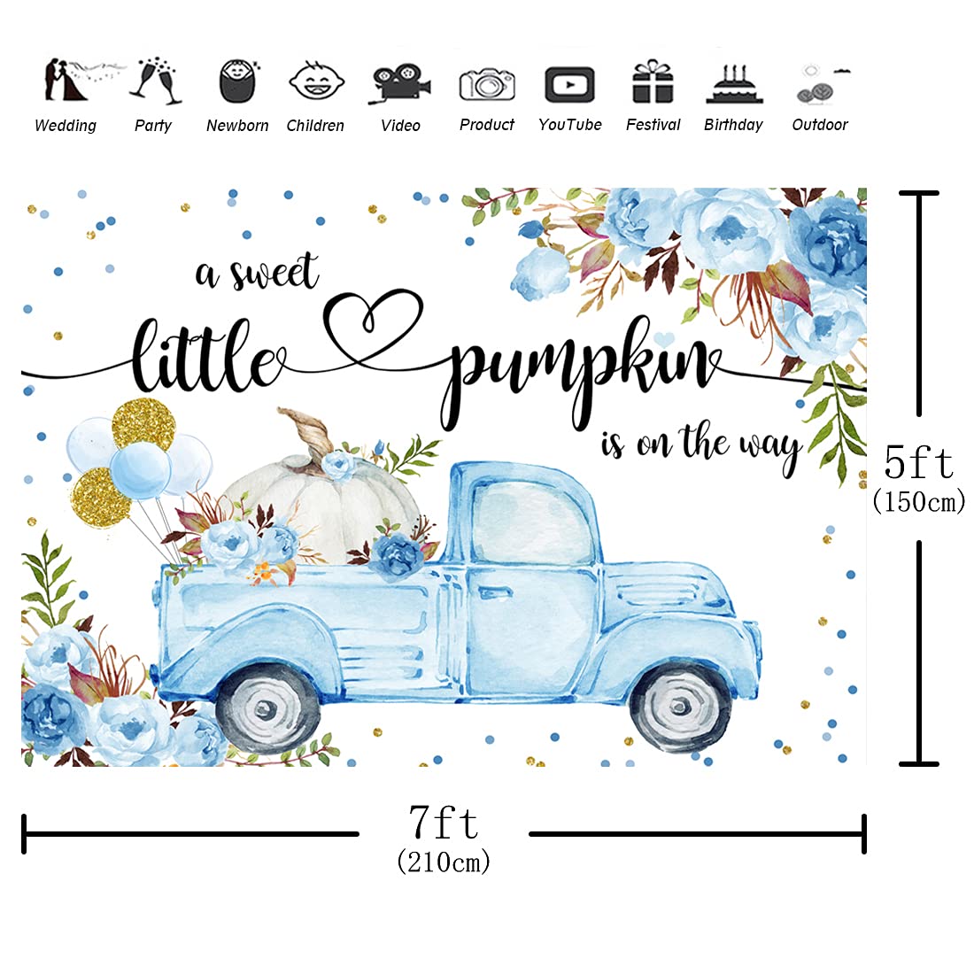 Aperturee Little Pumpkin Baby Shower Backdrop 7x5ft A Little Sweet Pumpkin is On The Way Blue Floral Truck Balloons It's a Boy Photography Background Fall Autumn Party Decorations Banner Photo Booth