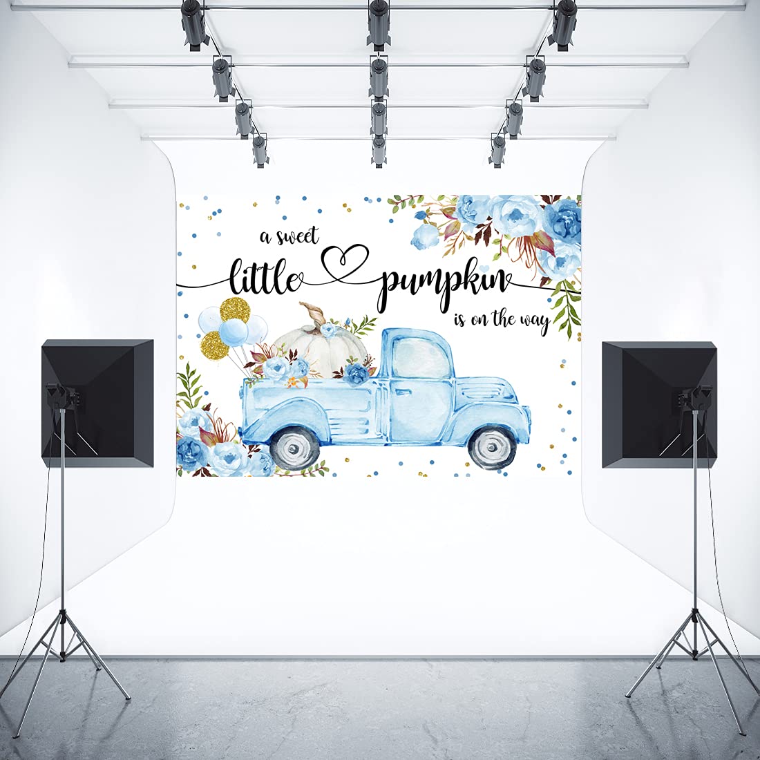 Aperturee Little Pumpkin Baby Shower Backdrop 7x5ft A Little Sweet Pumpkin is On The Way Blue Floral Truck Balloons It's a Boy Photography Background Fall Autumn Party Decorations Banner Photo Booth