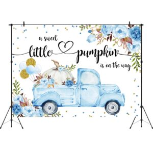 Aperturee Little Pumpkin Baby Shower Backdrop 7x5ft A Little Sweet Pumpkin is On The Way Blue Floral Truck Balloons It's a Boy Photography Background Fall Autumn Party Decorations Banner Photo Booth