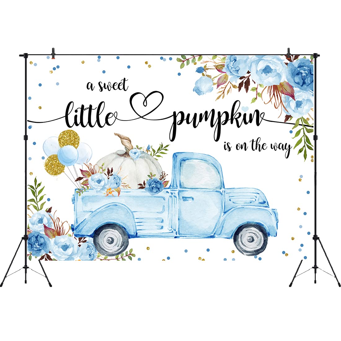 Aperturee Little Pumpkin Baby Shower Backdrop 7x5ft A Little Sweet Pumpkin is On The Way Blue Floral Truck Balloons It's a Boy Photography Background Fall Autumn Party Decorations Banner Photo Booth