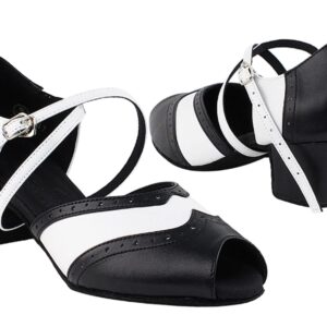 Very Fine Ladies Ballroom Salsa Latin Practice Dance Shoes C6035 & 2008 Black & White Leather Low Heel Comfortable (C6035 Black & White Leather 1.6" Cuban Heel, Numeric_6)