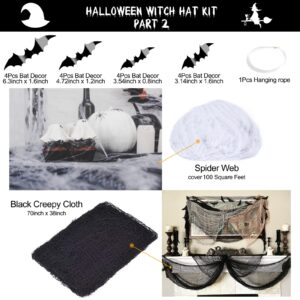 LINAYE Halloween Witch Hat XXL Kit - 12 PCS Black Witch Hats with Hanging Rope,16 PCS 3D Bat,Spider Web,Creepy Cloth Halloween Hanging Decoration Wizard Hats Halloween Decorations Decor