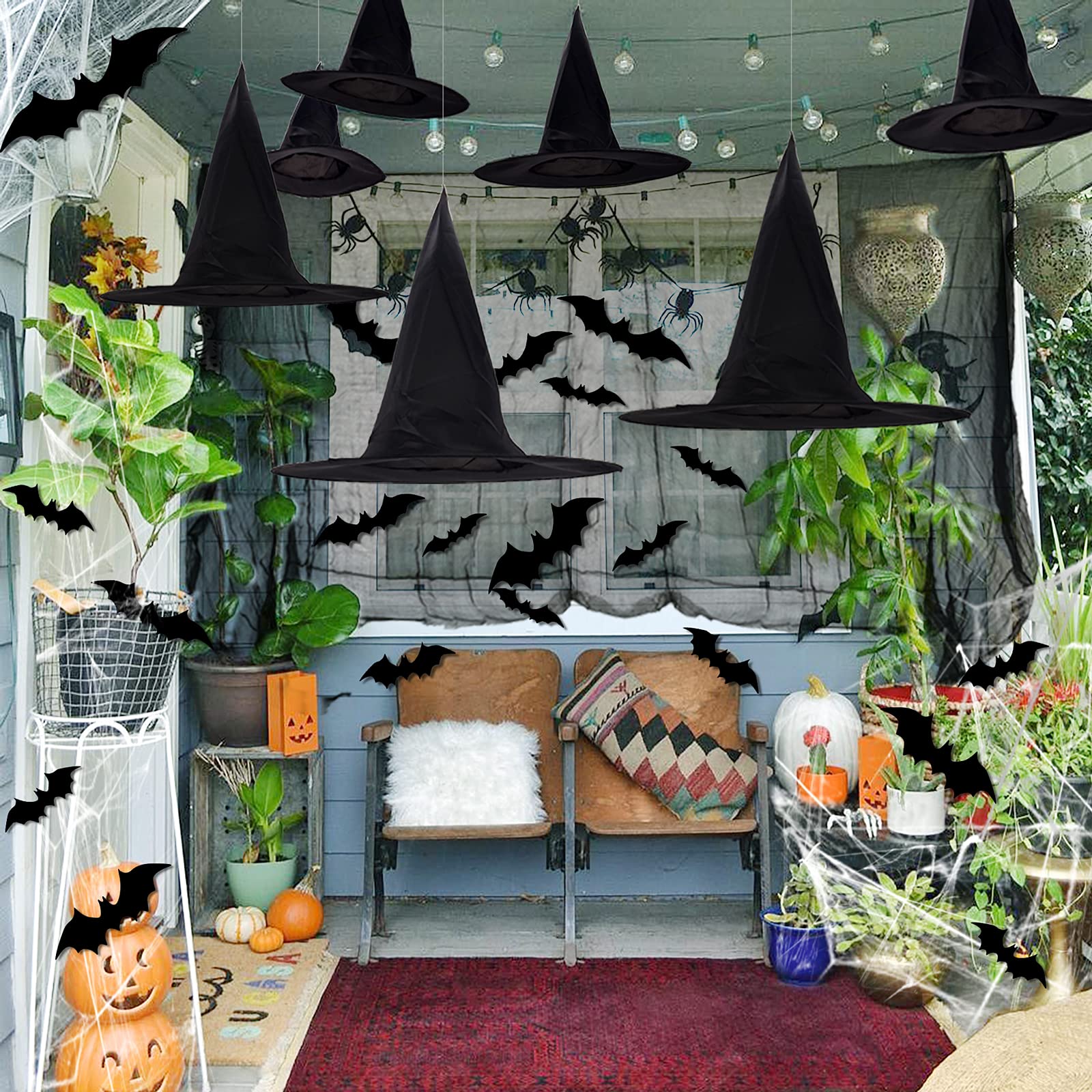 LINAYE Halloween Witch Hat XXL Kit - 12 PCS Black Witch Hats with Hanging Rope,16 PCS 3D Bat,Spider Web,Creepy Cloth Halloween Hanging Decoration Wizard Hats Halloween Decorations Decor