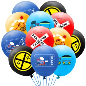pantide 52 pcs railroad crossing train balloons set 12 inches latex balloons bouquet with ribbon railway choo choo steam train traffic sign party decorations supplies for kids birthday baby shower