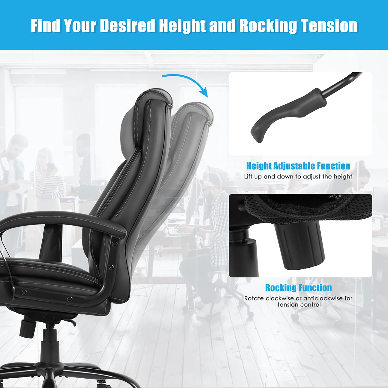 POWERSTONE Big and Tall Office Chair 500lbs PU Leather Ergonomic Massage Office Chairs Wide Seat High Back Adjustable Computer Chair Large Executive Chair Swivel Rolling Chair