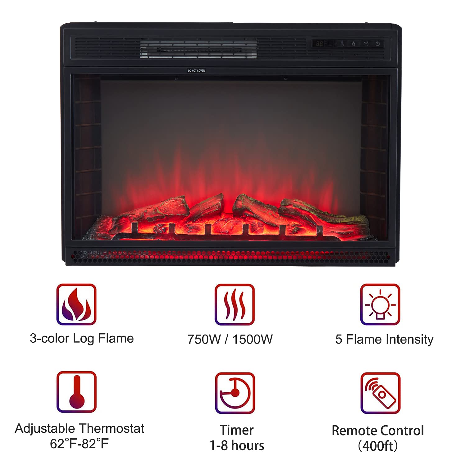 kinbor 28 Inch Electric Fireplace, in Wall Recessed Fireplace Heater with Remote Control, Touch Screen, 1500/750W, Adjustable 3 Flame Colors