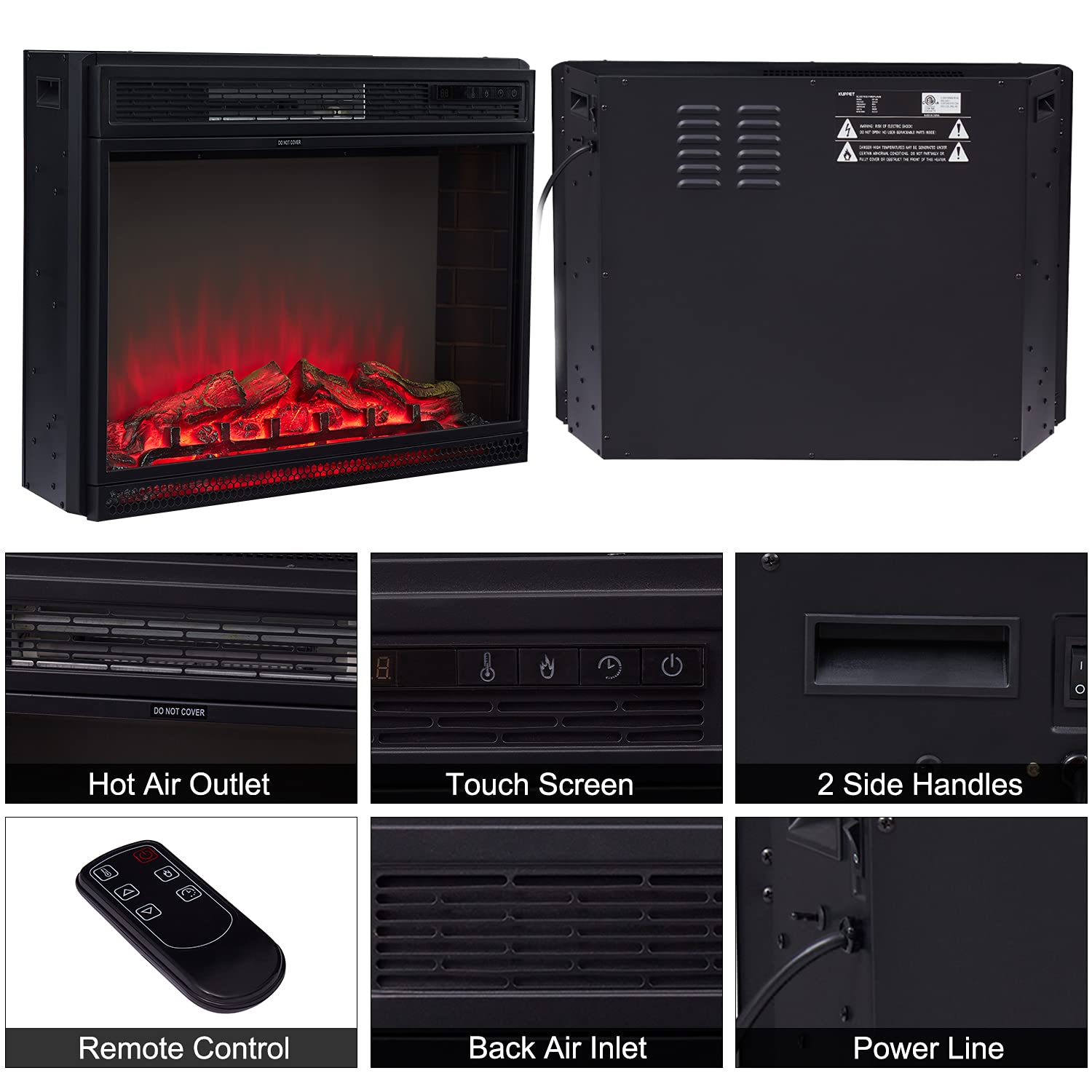 kinbor 28 Inch Electric Fireplace, in Wall Recessed Fireplace Heater with Remote Control, Touch Screen, 1500/750W, Adjustable 3 Flame Colors