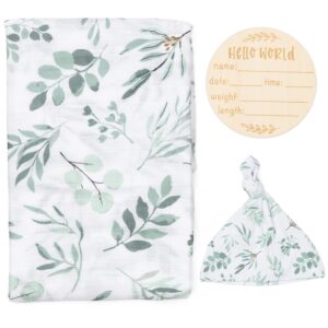 organic swaddle blanket and hat set - boho baby receiving blanket neutral - soft organic cotton and bamboo muslin swaddle blanket, eucalyptus leaves, birth announcement card, 47" x 47"