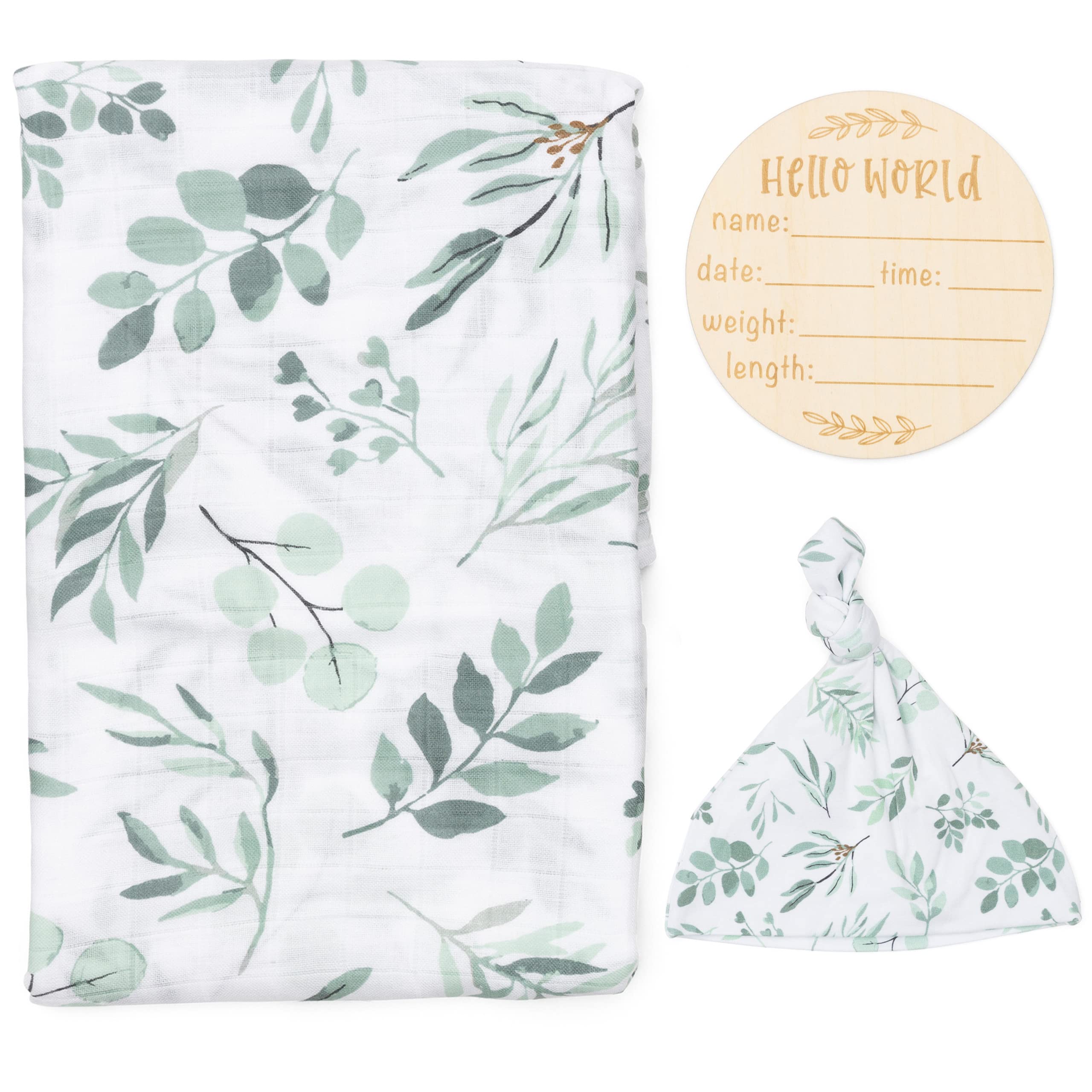 Organic Swaddle Blanket and Hat Set - Boho Baby Receiving Blanket Neutral - Soft Organic Cotton and Bamboo Muslin Swaddle Blanket, Eucalyptus Leaves, Birth Announcement Card, 47" x 47"