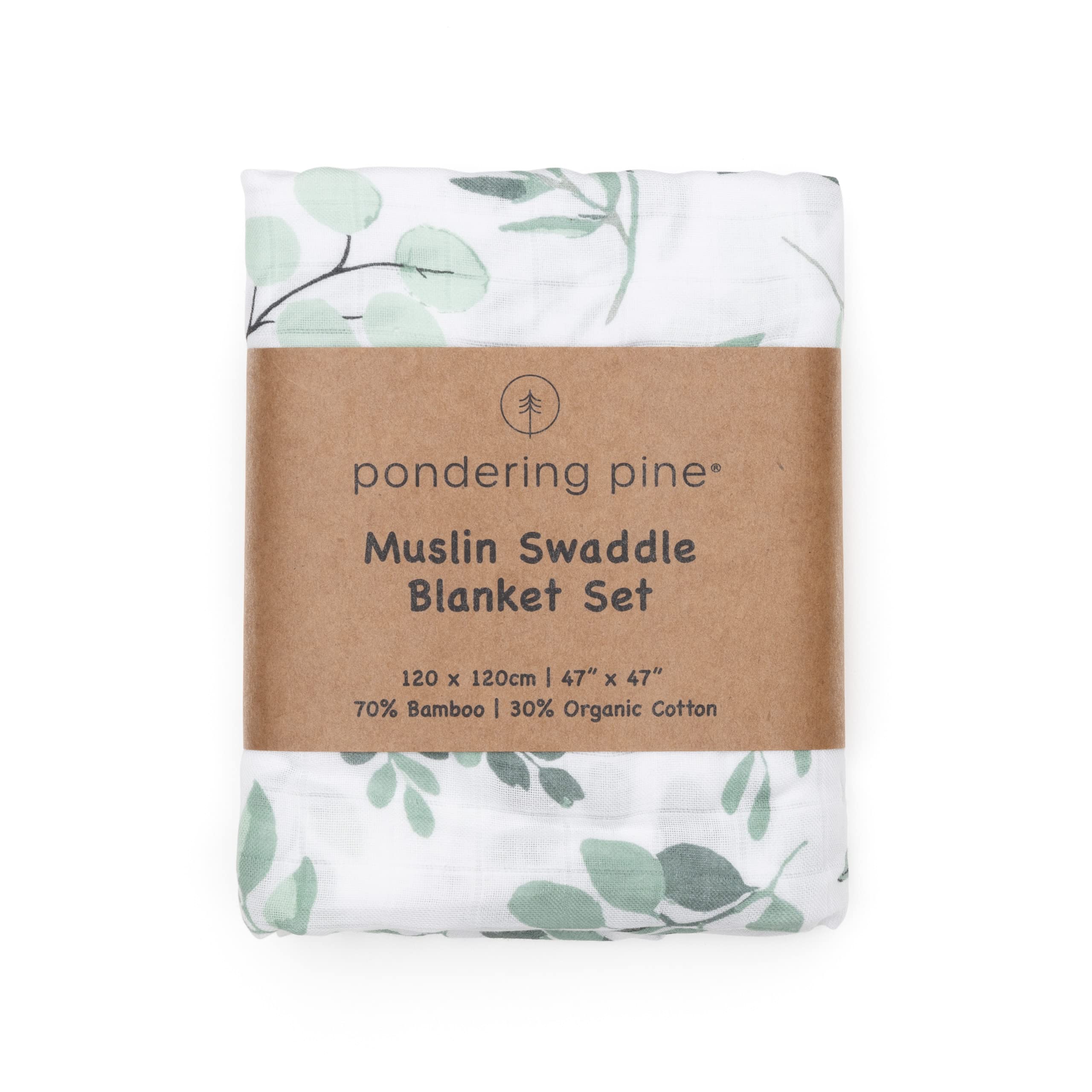 Organic Swaddle Blanket and Hat Set - Boho Baby Receiving Blanket Neutral - Soft Organic Cotton and Bamboo Muslin Swaddle Blanket, Eucalyptus Leaves, Birth Announcement Card, 47" x 47"