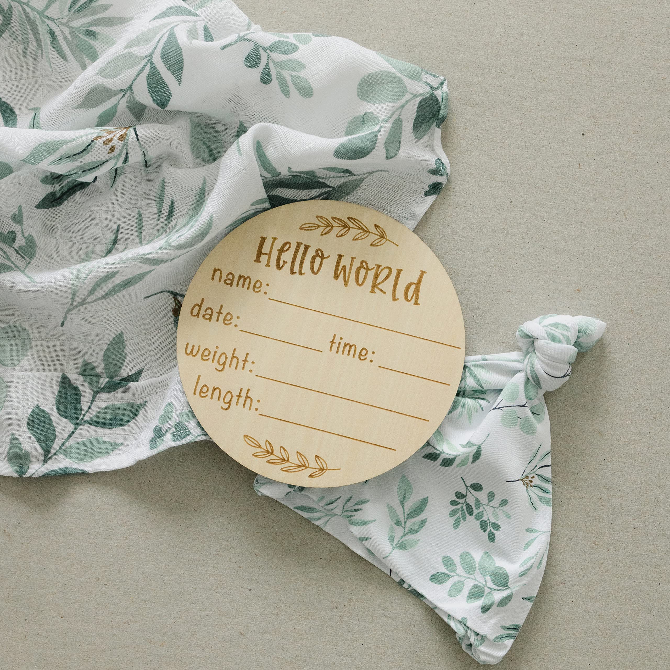 Organic Swaddle Blanket and Hat Set - Boho Baby Receiving Blanket Neutral - Soft Organic Cotton and Bamboo Muslin Swaddle Blanket, Eucalyptus Leaves, Birth Announcement Card, 47" x 47"