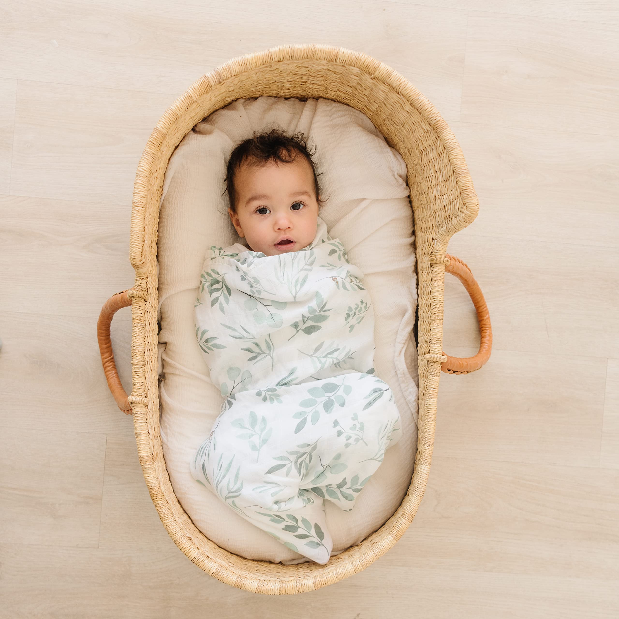 Organic Swaddle Blanket and Hat Set - Boho Baby Receiving Blanket Neutral - Soft Organic Cotton and Bamboo Muslin Swaddle Blanket, Eucalyptus Leaves, Birth Announcement Card, 47" x 47"