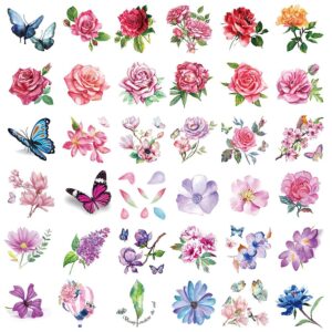 40 sheets flowers temporary tattoos small stickers 3d rose peony lavender leaf butterfly flower collection waterproof fake tattoos for women girl, watercolor floral body art tattoo stickers