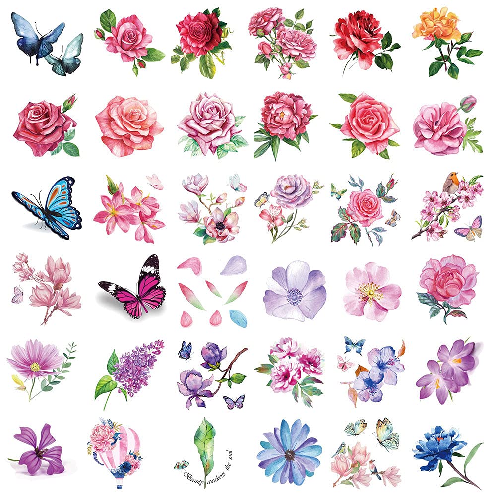 40 Sheets Flowers Temporary Tattoos Small Stickers 3D Rose Peony Lavender Leaf Butterfly Flower Collection Waterproof Fake Tattoos for Women Girl, Watercolor Floral Body Art Tattoo Stickers