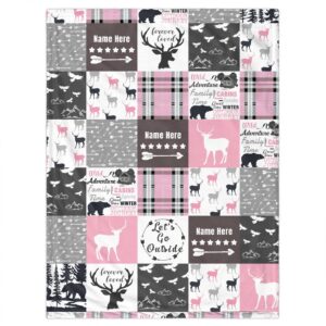 pink woodland deer personalized baby blanket with name, custom deer and bear swadding blankets for baby girls kids, woodland nursery decor, adventure soft receiving blankets for newborn infant