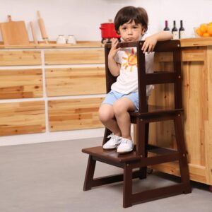 sdadi solid wood construction kids kitchen step stool, toddler learning stool tower with safety rail, espresso