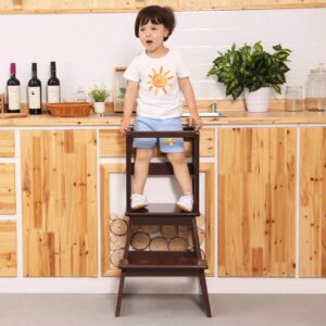 SDADI Solid Wood Construction Kids Kitchen Step Stool, Toddler Learning Stool Tower with Safety Rail, Espresso