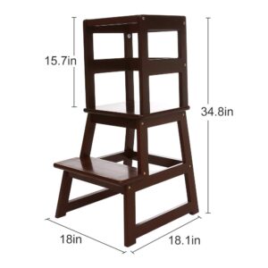 SDADI Solid Wood Construction Kids Kitchen Step Stool, Toddler Learning Stool Tower with Safety Rail, Espresso